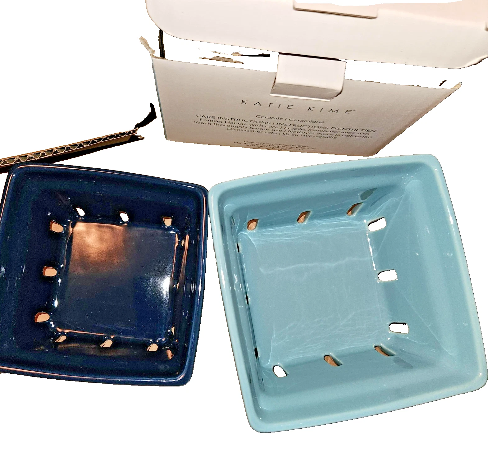 Katie Kime Set of 2 Ceramic Berry Colanders Small Large Blue Teal Kitchen Bowls