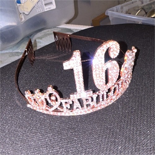 Rose Gold Rhinestone Sweet 16 "Happy Birthday" Tiara Crown for Girls Metal