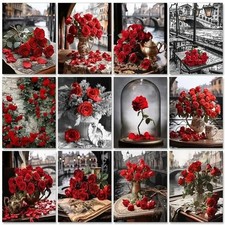 "Hand-Painted Red Rose Oil Painting by Number - Modern Acrylic Wall Art Gift