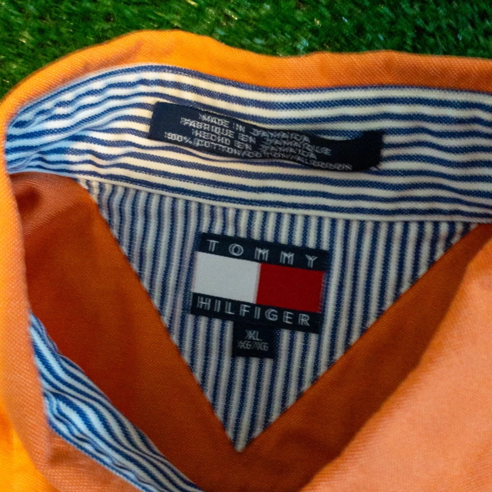 Camisa casual masculina Tommy Hilfiger vintage anos 90 manga longa laranja bolso no peito GG - Imagem 3 de 4