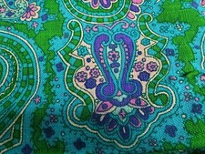 Vintage 1960s Barkcloth Paisley Print Retro Psychedelic Green Purple Colors