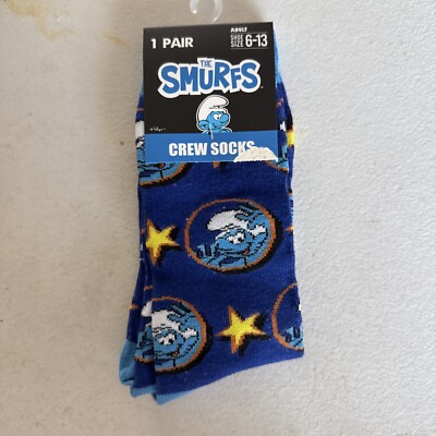New Smurfs AstroSmurf Blue Cartoon Novelty Crew Socks Adult Sizes 6-13