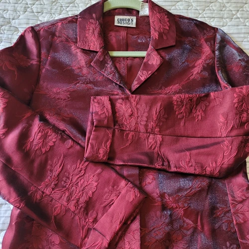 Chico's Design Women's Blouse Tunic Sz 0 Red Silk Blend Embroidered Asian Design