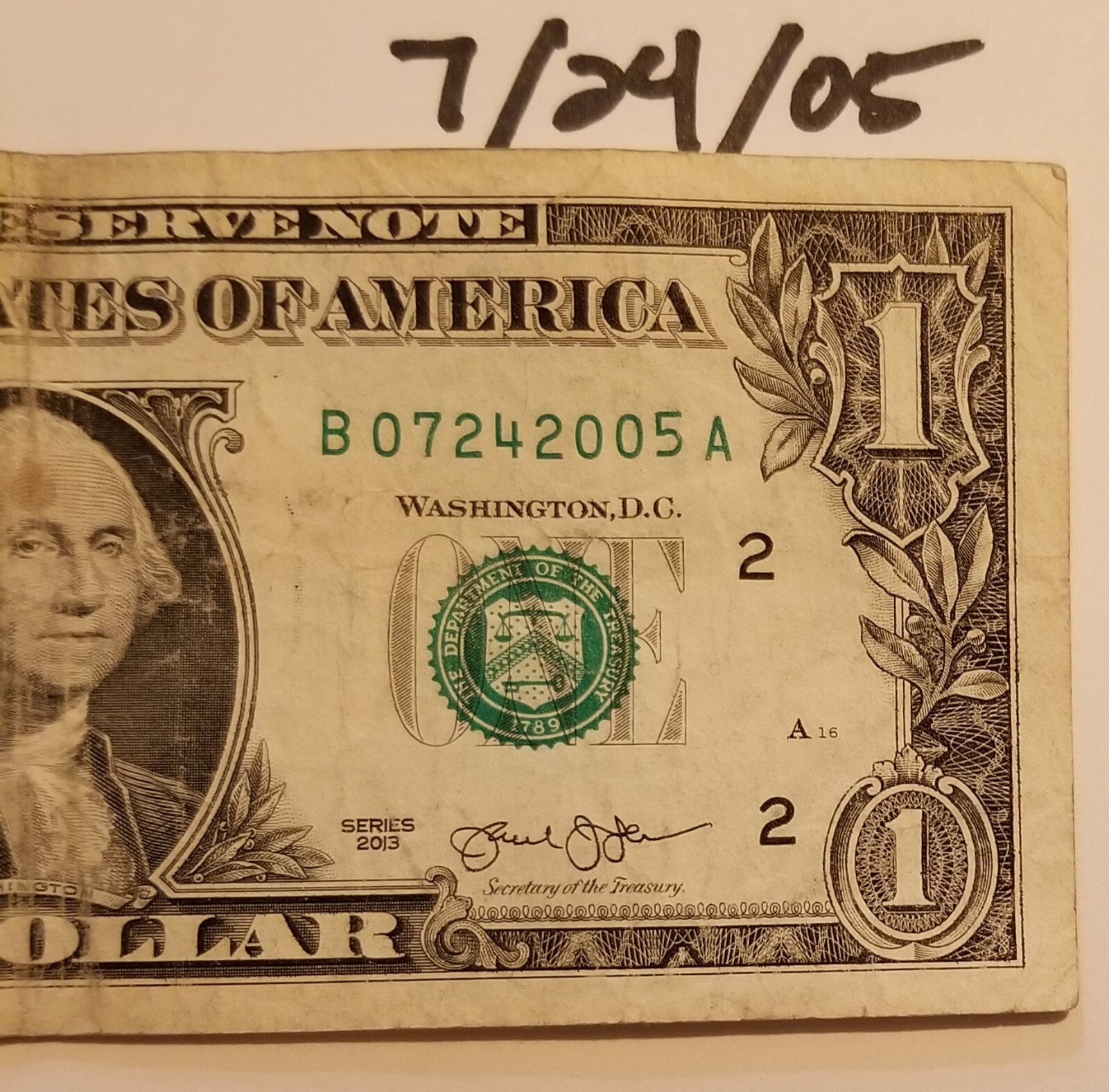 Birthday Note Bill July 24, 2005 Fancy Serial Number, Series 2013 B