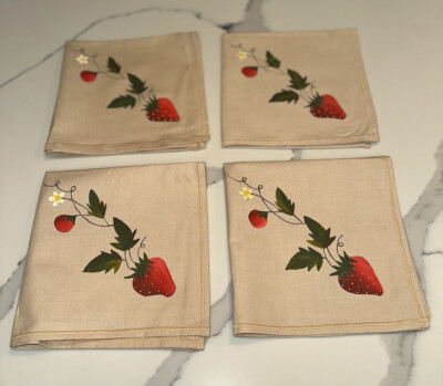 Set of 4 Hand-Painted Strawberry & Flower Beige Linen Napkins