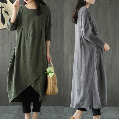 Lässiges Baggy-Maxikleid für Damen Baumwolle Leinen locker Langarm Tunika Kaftan - Bild 2 von 11