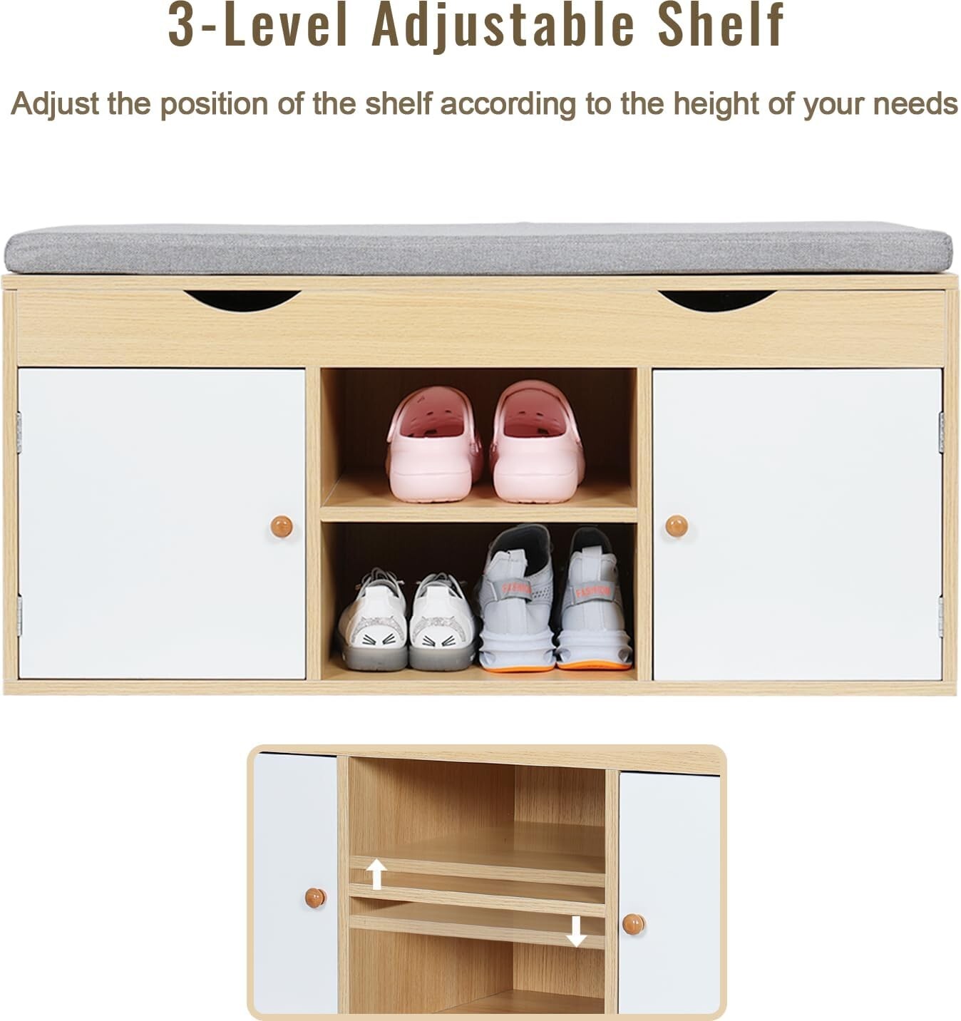 Shoe Bench Storage Rack Organizer 2 Tier Removable Cushion Entryway Shelf - Picture 1 of 7