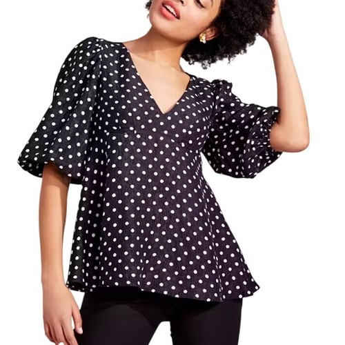 Kate Spade Harmony Dot Cloque Top Bluse schwarz weiß gepunktet Größe 0