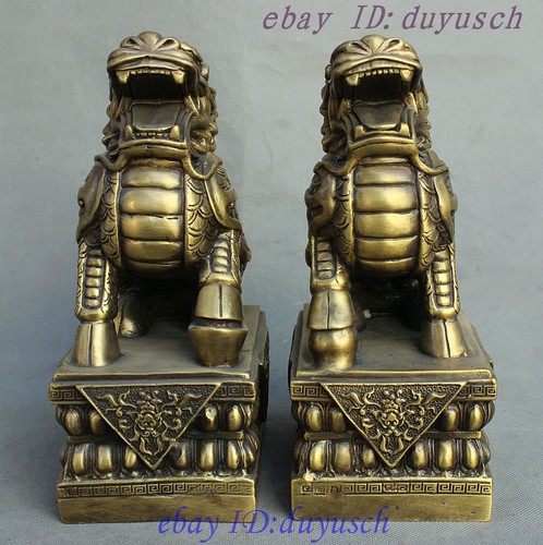 9" Chinese FengShui Pure Bronze Wealth Dragon Kylin Unicorn Chi-lin Statue Pair - Picture 7 of 12
