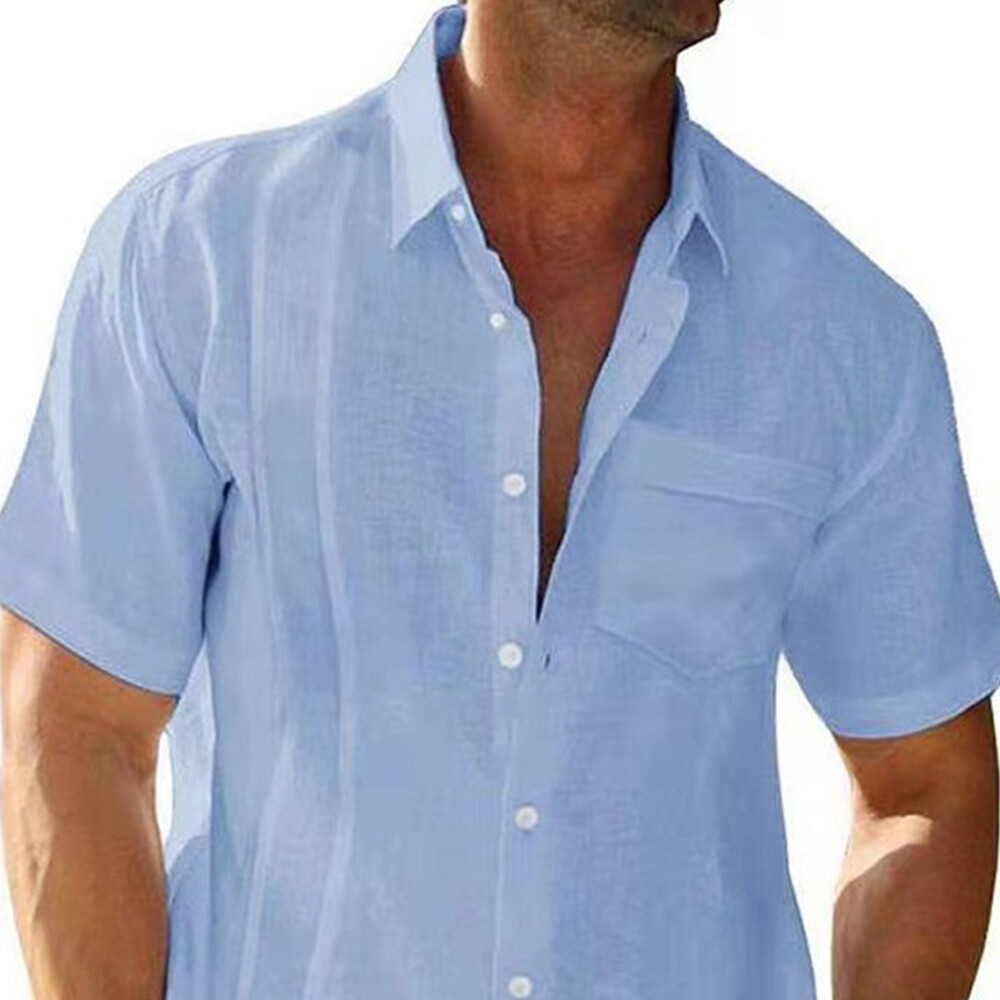 Men Cotton Linen Beach Shirts Casual Solid Button Up Short Sleeve Loose