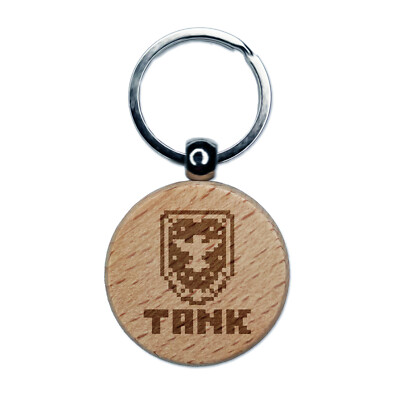 Pixel RPG Tank Warrior Shield Engraved Wood Round Keychain Tag Charm