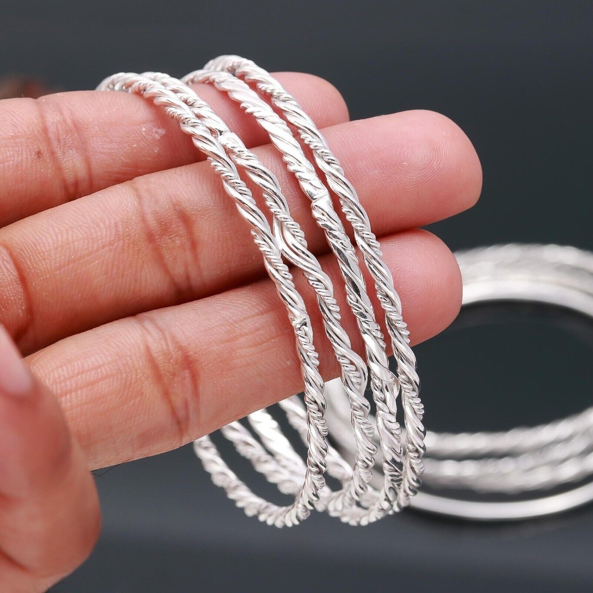 5 Set Of Bangles 925 Sterling Silver Handmade Twisted Women's