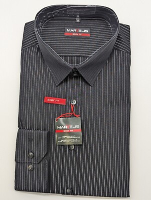 Marvelis Langarm Hemd Kentkragen Gr. XL 44 BODY FIT Schwarz Silberstreifen