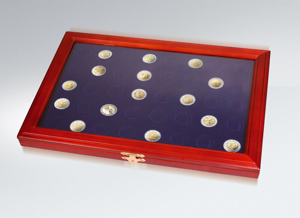 SAFE Münzen-Vitrinen aus Holz mit runden Vertiefungen und Glaseinsatz