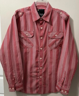 Vintage Akademiks Jeanius Level Shirt Men's L Red White Plaid Adjustable Sleeve