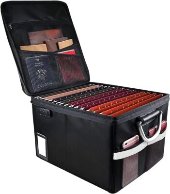 TOMKID Feuerfeste Aktenbox mit Deckel, Tragbare Safe Box Organizer (Schwarz)