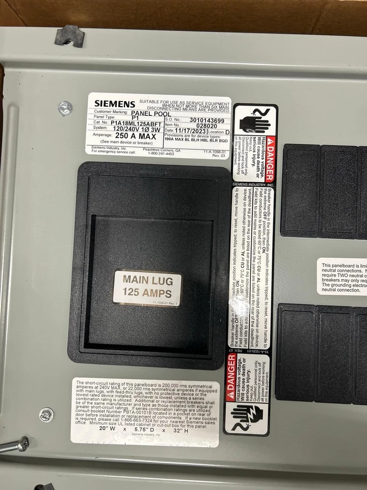 Siemens P1A18ML125ABFT. 125A Int Panel.Main Lug Panel. 1 Phase. Just Panel board - Image 2 of 2