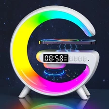 Mini Wireless Speaker Lamp with Alarm Clock, Wireless Charging, Atmosphere Li...