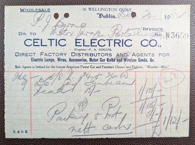1932 Celtic Electric Co Motor Zubehör Wellington Quay Dublin Rechnung