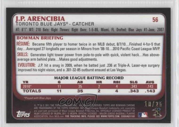 2011 Bowman Chrome Orange Refractor /25 JP Arencibia #56 - Image 2 of 2