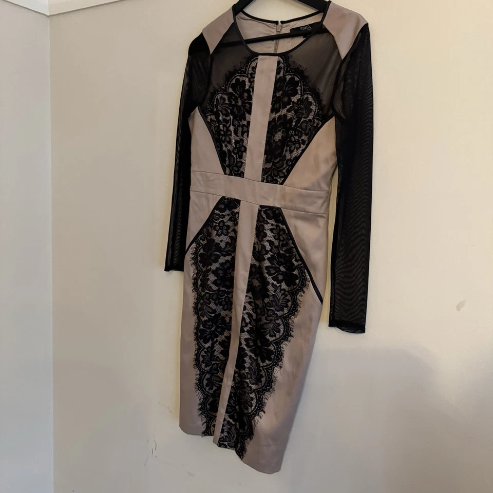 Star By Julien Macdonald Size 12 Taupe Lace Long Sleeve Midi Lined Dress W4 - Image 2 of 4