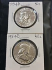 2 x 1954-D Franklin Half Dollar AU/BU Uncirculated Condition 90% SILVER $1 FV