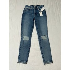 Good American Womens Petite Skinny Jeans Mid Rise Distressed Blue Denim Sz 6/28