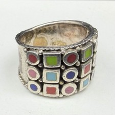 TMA Sterling Silver Circles Squares Multi-Stone Inlaid Band Size 5.5 Ring 7g
