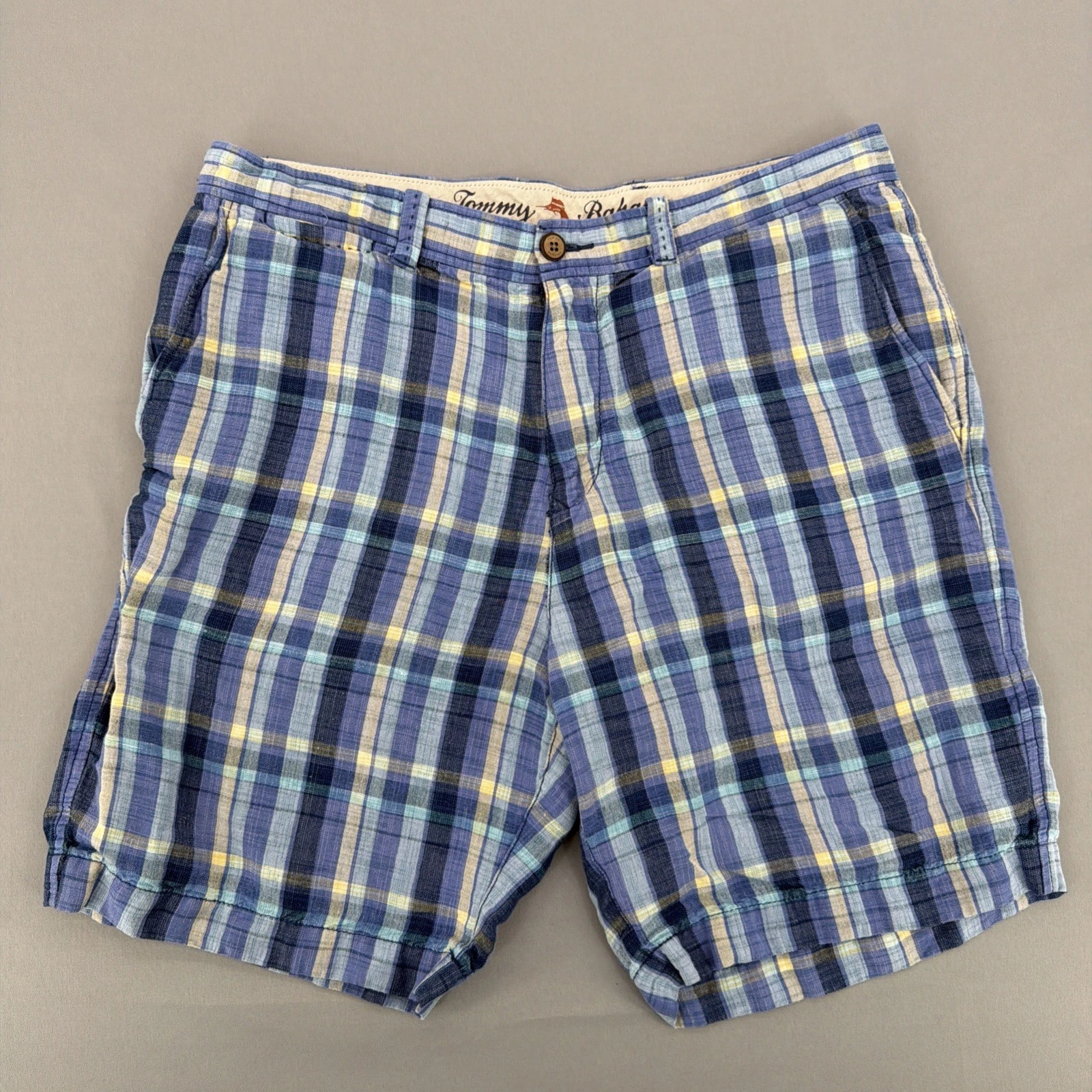Tommy Bahama Men’s Plaid Linen Blend Shorts 34 Blue Flat Front Casual