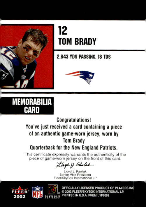 2002 FLEER PREMIUM FANTASY TEAM TOM BRADY MEMORABILIA GAME USED GU JERSEY RELIC view 2
