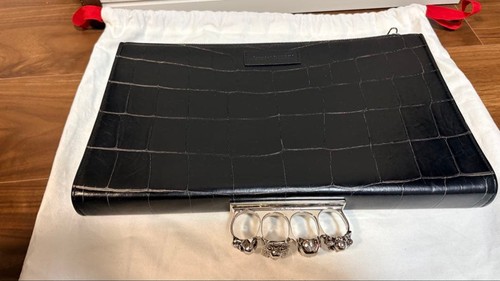 Alexander McQueen Skull Knuckle Clutch Black Croc Leather Silver Bag