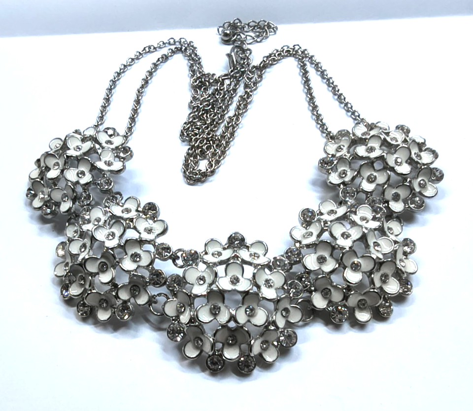 White Enamel Flower Statement Bib Necklace Crystal Silver Tone Bridal ...
