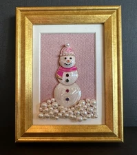 Framed Jewelry Art Miniature Snowman Gold Tone, Pearls and Rhinestone