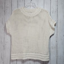 Loft Ann Taylor Womens Ivory Cotton Blend Open Knit Short Sleeve Sweater Size XS