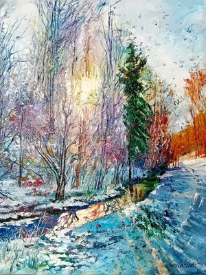 Ölgemälde Winter Wald Pfad Bach 40x30 modern handgemalt Unikat mit Zertifikat