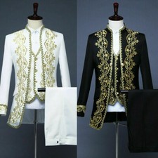 Men's 3 Piece Medieval Embroidered Dress Jacket Vest Pants Military Mess