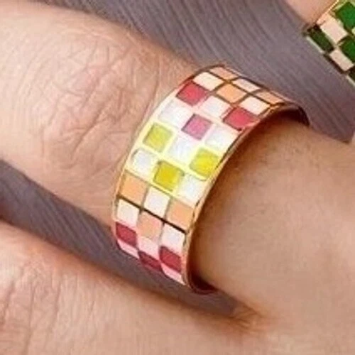 Colorful Checkered Band Titanium Ring Gold Plated Statement Ring Size 6 - Image 3 of 3