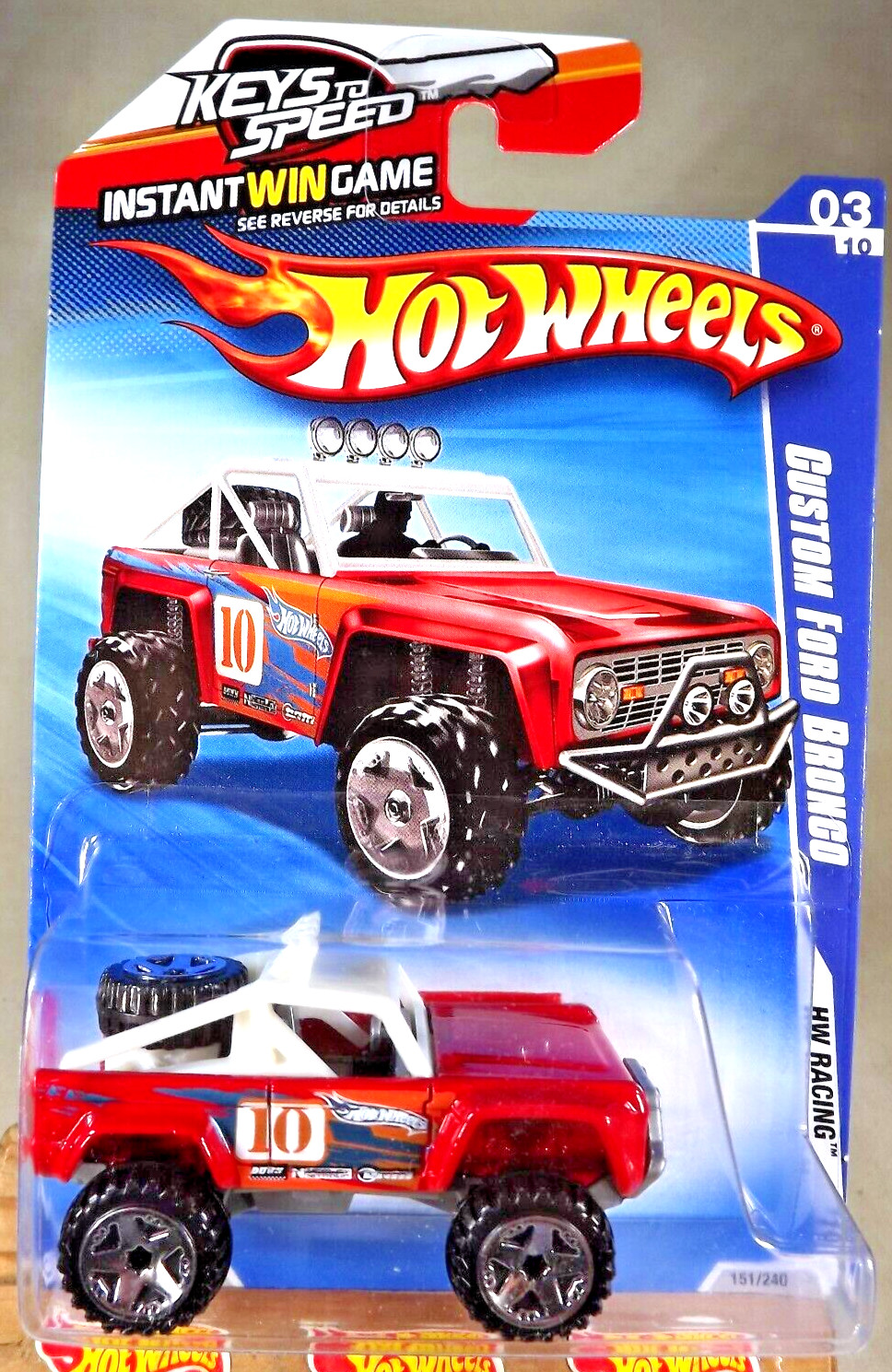 2010 Hot Wheels #151 HW Racing 3/10 CUSTOM FORD BRONCO Red Variant w/ChromeORUT5