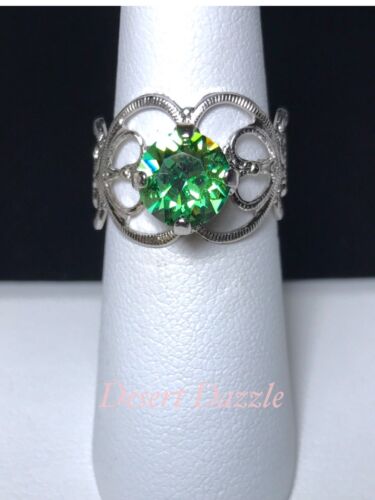 Crystal Ring Adjustable Size 4 to 9 Silver Plate Peridot Green Made W/ Swarovski - Picture 1 of 3