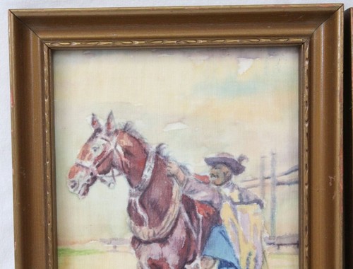 Vintage kleines Aquarell Gemälde Paar auf Stoff Western Cowboy auf Pferd - Bild 4 von 9
