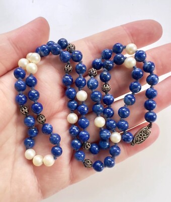 Vintage chinesische Export Lapislazuli Perle filigran Sterlingsilber Halskette 22,5