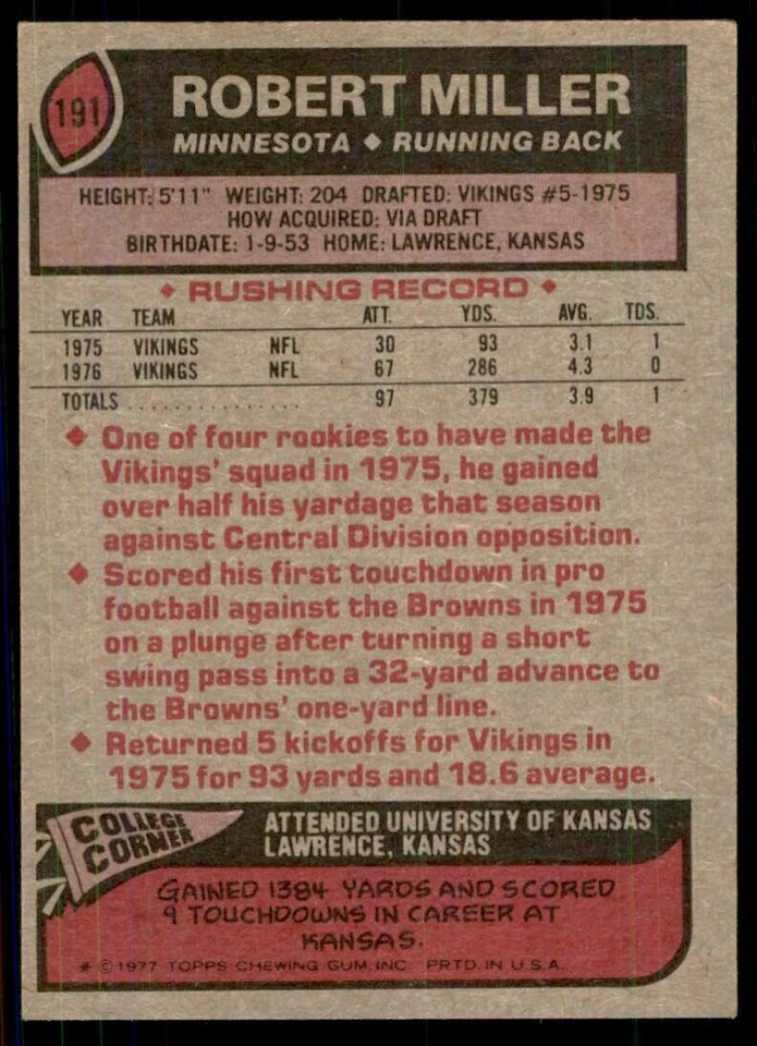 1977 Topps Robert Miller Football Cards #191 - Image 2 of 2