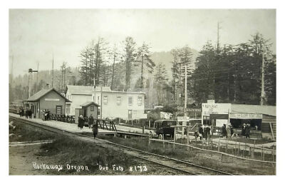 Rockaway OR Oregon Railroad Train Station, Stores RPPC Photo Postcard COPY