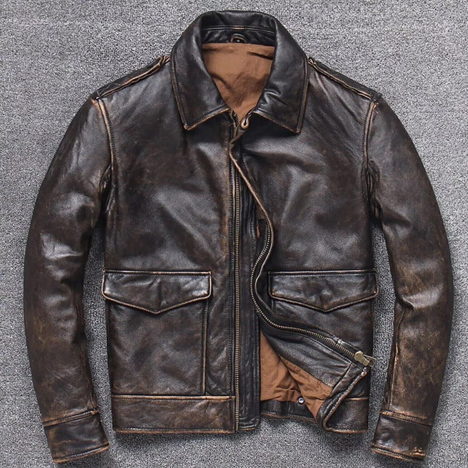 Chaqueta de cuero de oveja real marrón oscuro estilo motociclista vintage para hombre