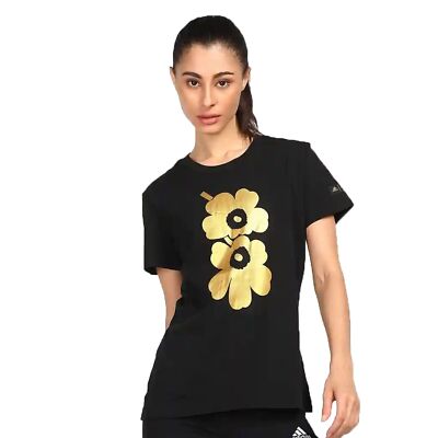 adidas X Marimekko Grafik Tee Designer Damen Shirt Mohn Blumen Schwarz Gold