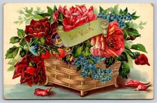 Best Wishes, Basket Full Of Flowers, Embossed, Antique Vintage 1910 Postcard