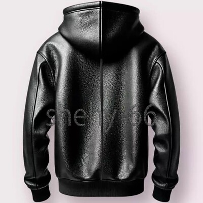 Men's Black Premium Leather Hoodie Handmade Genuine Lambskin