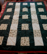 Handmade Christmas Quilt Green  White w/Holly Leaves and Berries 42x52"