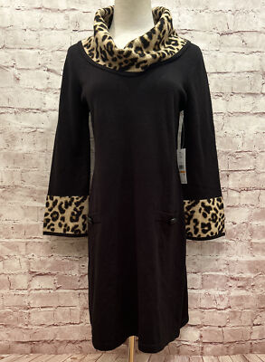Jessica H Black Sweater Dress Leopard Cowl Neck/Cuffs 3/4 Sleeve NEW SMALL
