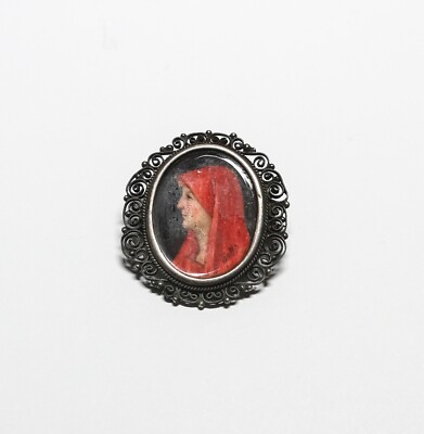 Estate Hand Painted 800 Silver Pin St. Fabiola Henner Filigree - Not Scrap